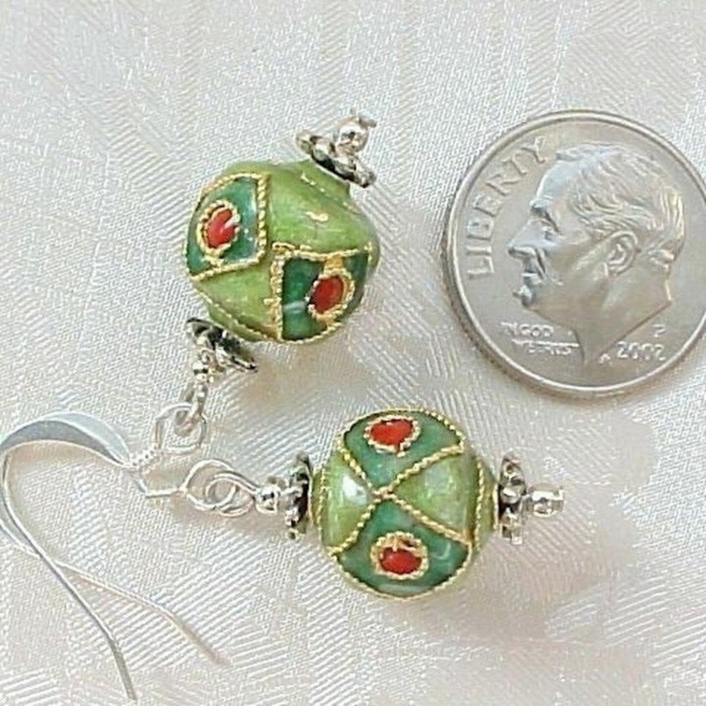 B2G1 Red Green Cloisonne Christmas Ornament Earrings Handmade Gifts for Women - Picture 2 of 2